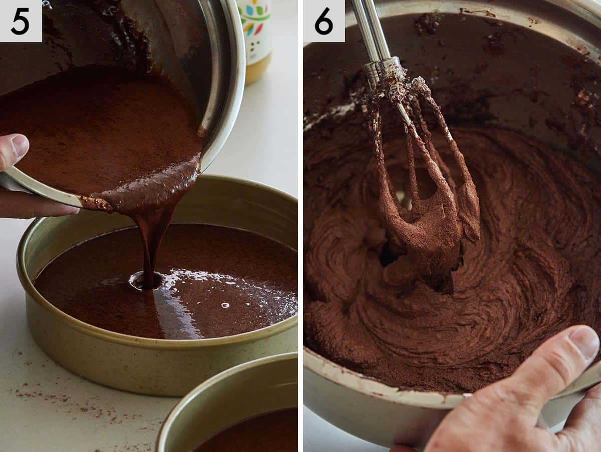 Set of two photos showing batter being poured into baking pans and frosting being made.