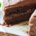 Pinterest graphic of a vegan chocolate cake wth a slice removed.