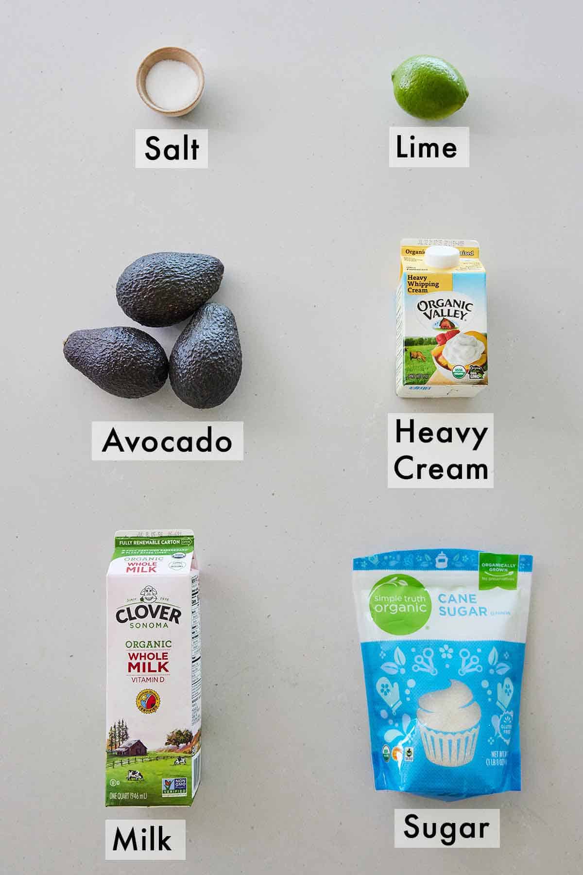 Ingredients needed to make avocado ice cream.