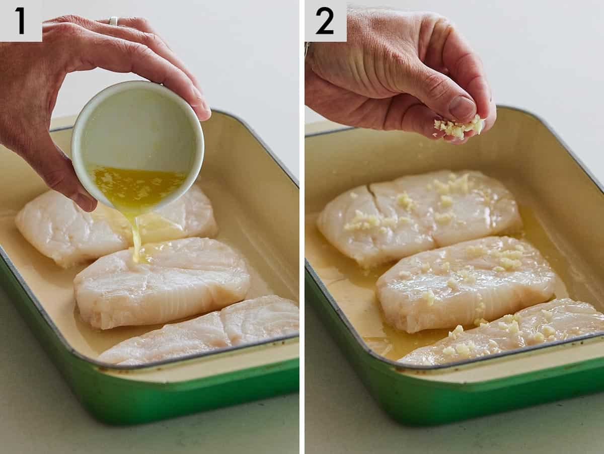 Set of two photos showing melted butter drizzled over baked cod and topped with minced garlic.