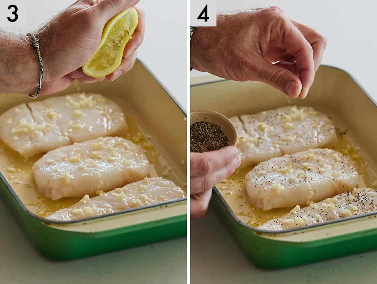 Set of two photos showing lemon being squeezed over top of cod and then seasoned.