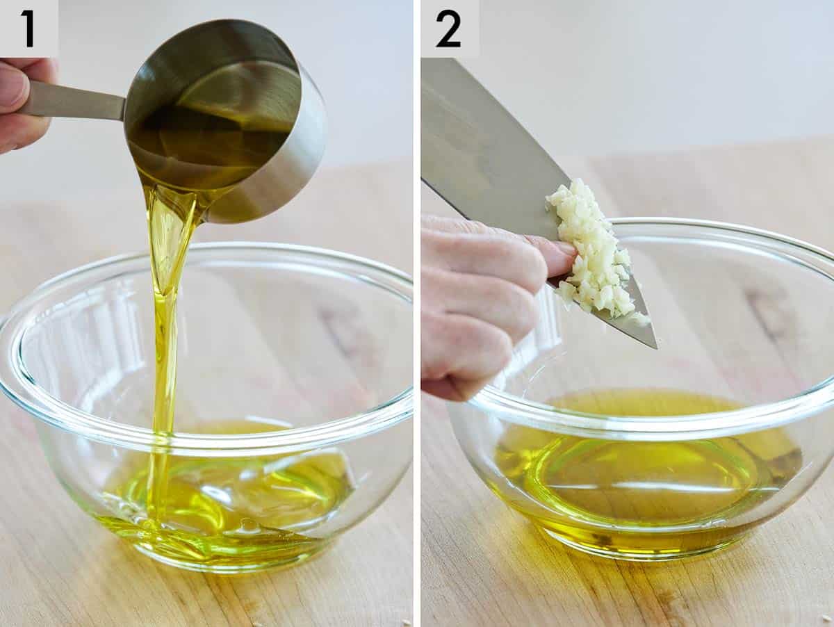 Set of two photos showing olive oil added to a bowl and minced garlic added to the same bowl.
