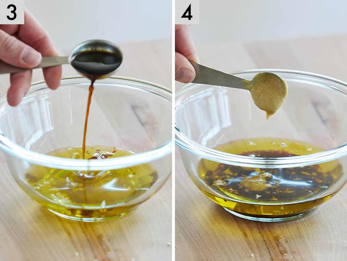 Set of two photos showing balsamic vinegar added to a bowl and then mustard added to the same bowl.