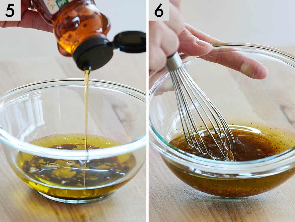 Set of two photos showing honey squeezed into a bowl of balsamic vinaigrette and then whisked together.