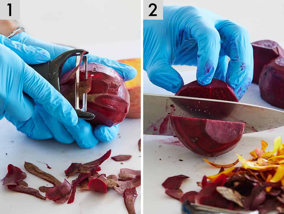 Set of two photos showing beets being peeled then cut.
