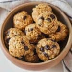 Overhead view of a bowl of energy balls.