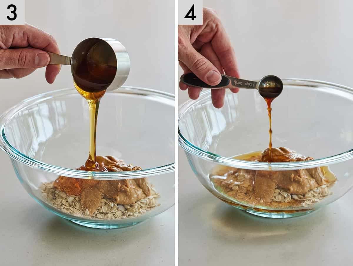 Set of two photos showing honey poured into the bowl and then vanilla extract is added.