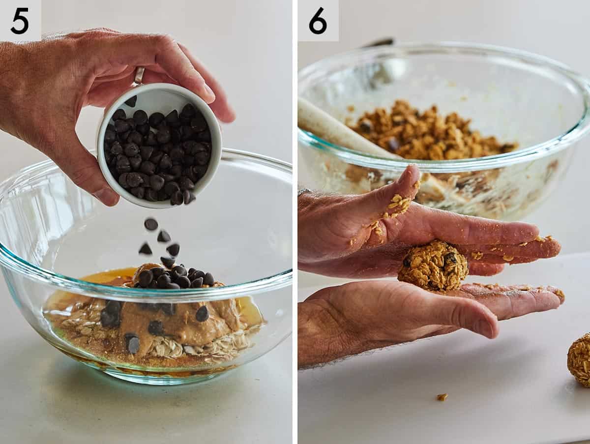 Set of two photos showing chocolate chips poured into a bowl then the mixture being rolled into balls.