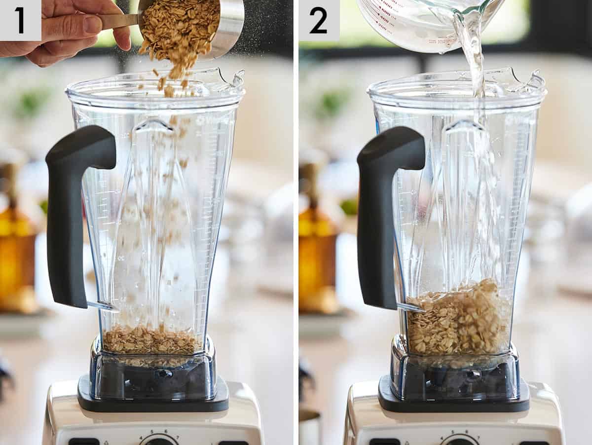 Set of two photos showing oats added to a blender and then water.