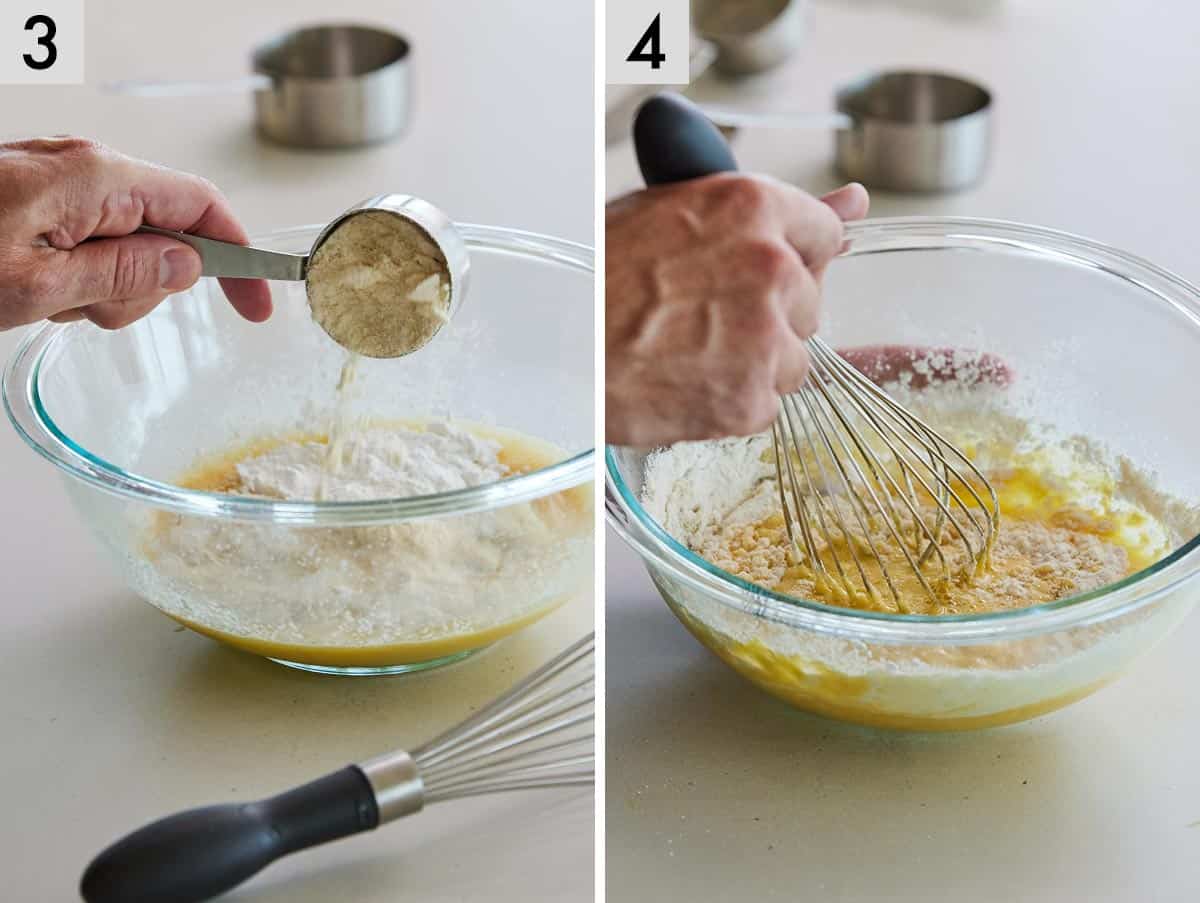 Set of two photos showing dry ingredients added to the batter then whisked together.