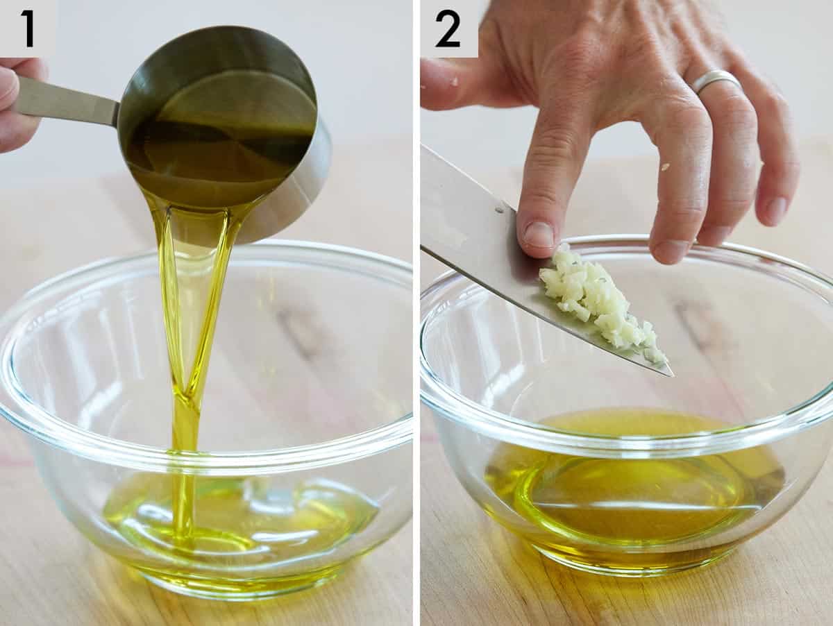 Set of two photos showing olive oil added to a bowl and minced garlic added afterwards.