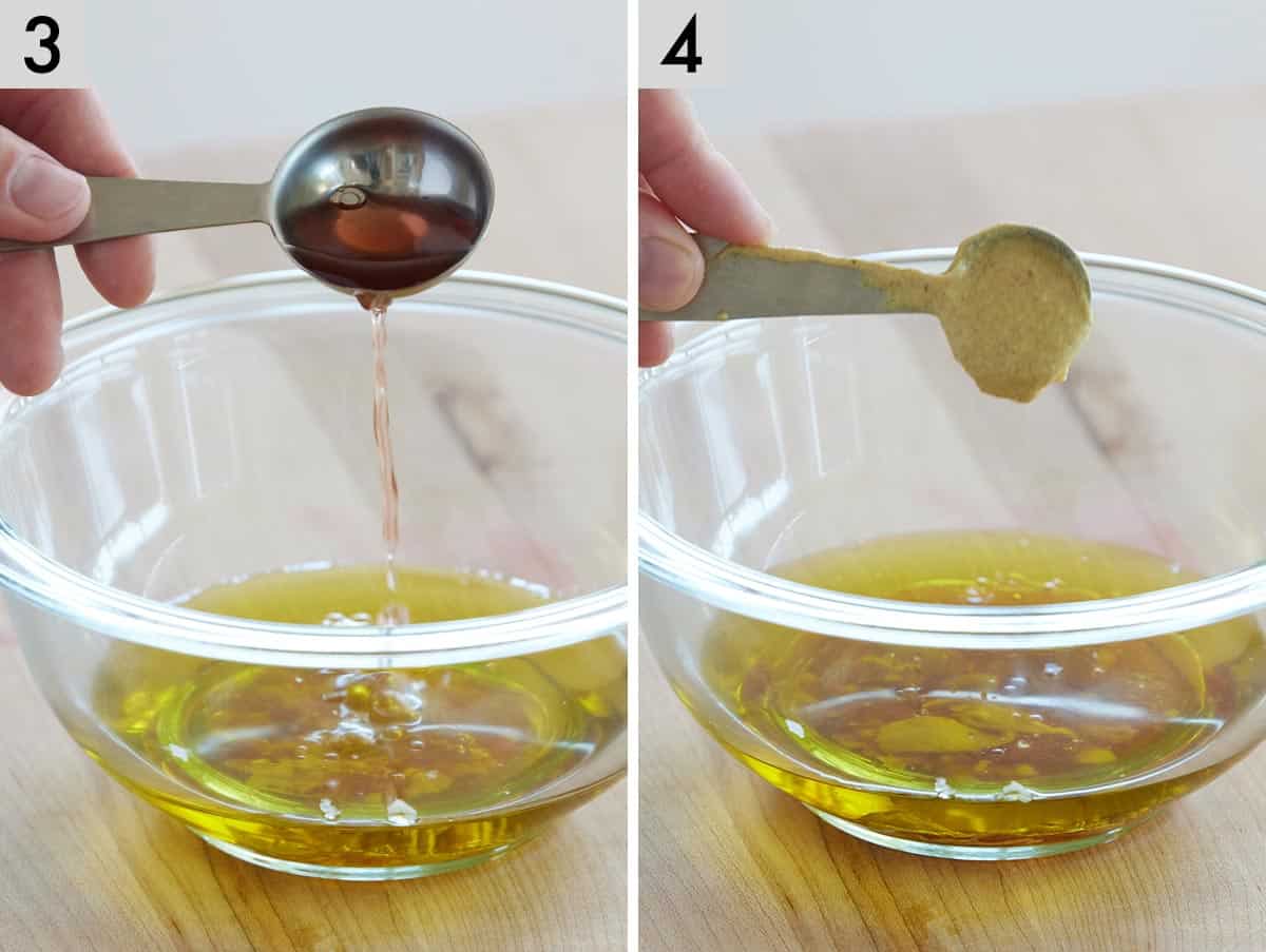 Set of two photos showing red wine vinegar and Dijon mustard added to a bowl.