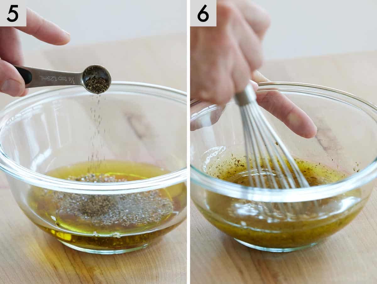 Set of two photos showing black pepper added to a bowl of dressing and then whisked together.