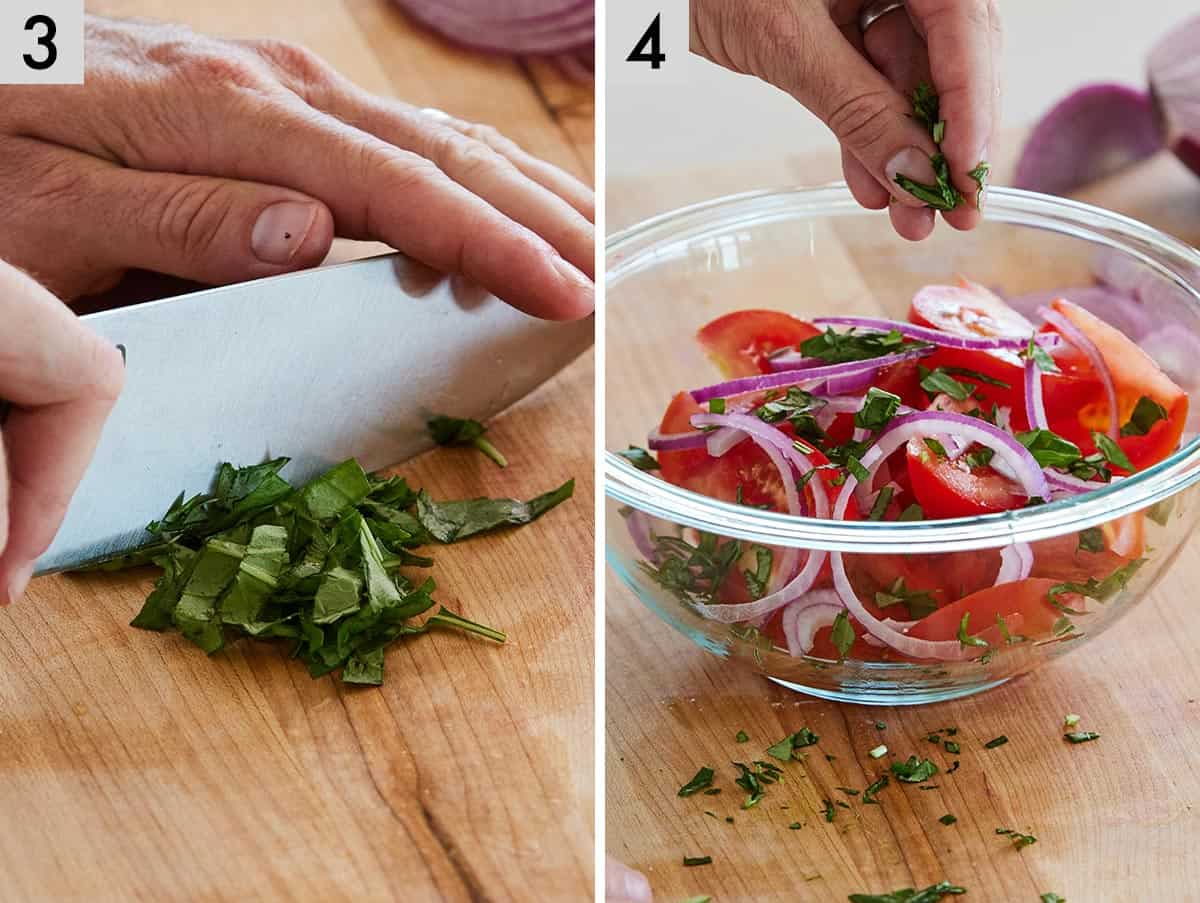 Set of two photos showing basil chopped and added to a bowl.