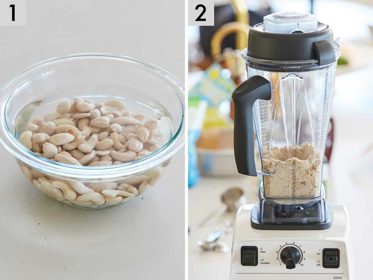 Set of two photos showing cashews being soaked and then oats, almonds, sugar, and salt blended in a blender.