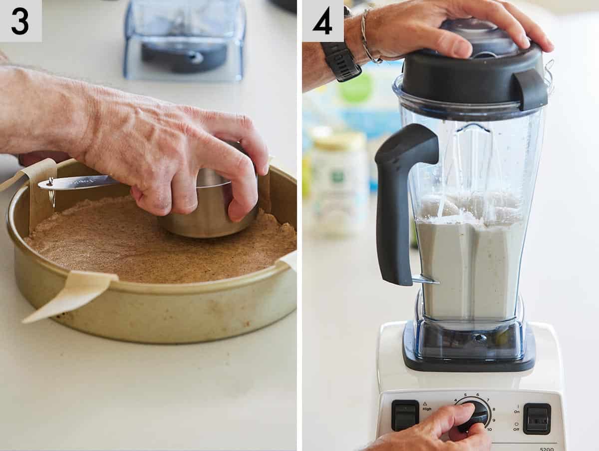 Set of two photos showing a crust being pressed into a pan and then adding filling ingredients into a blender.