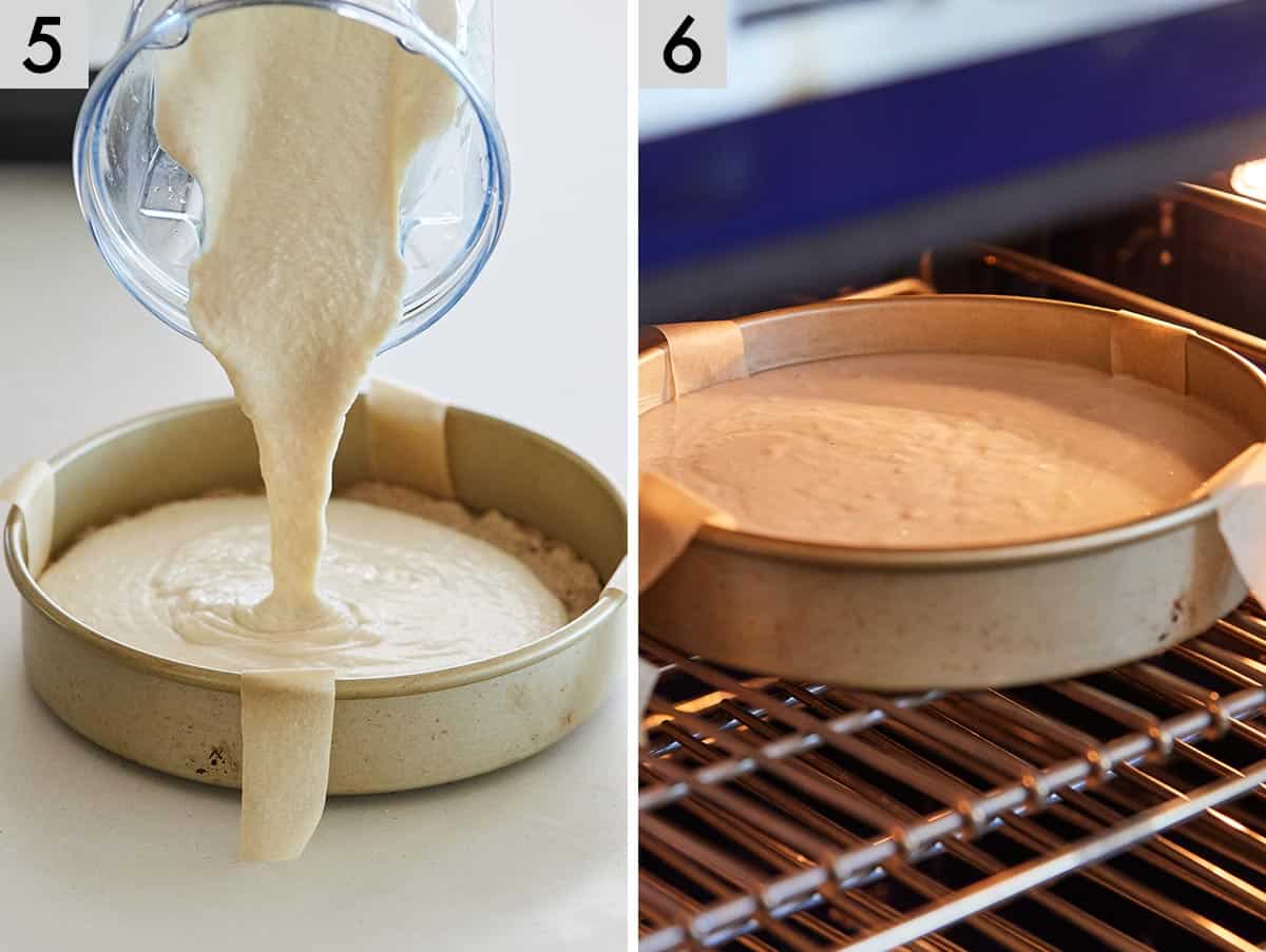 Set of two photos showing filling added on top of the crust in the pan and then baked.