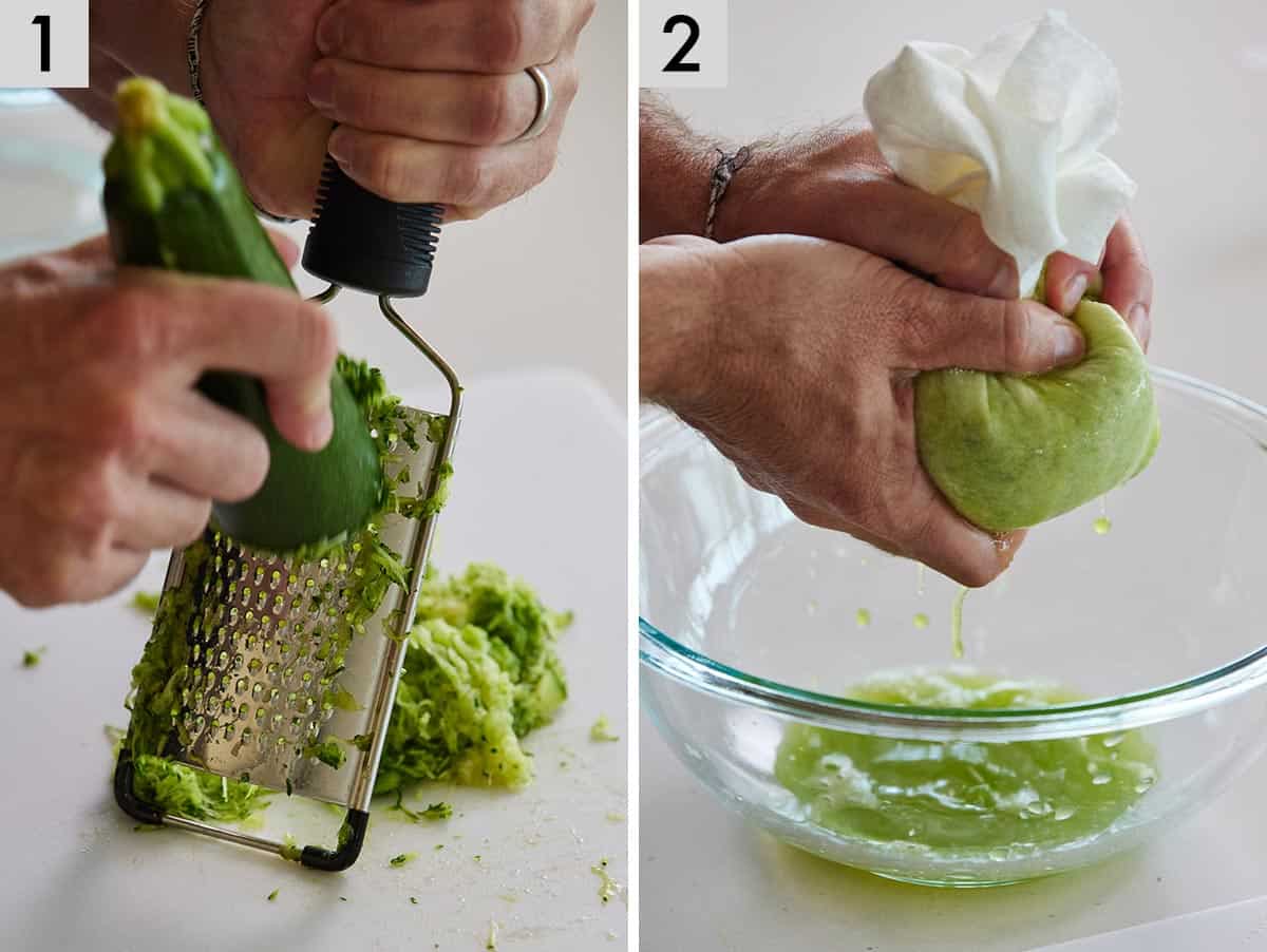 Set of two photos showing a zucchini being grated and then liquid squeezed out of the zucchini.