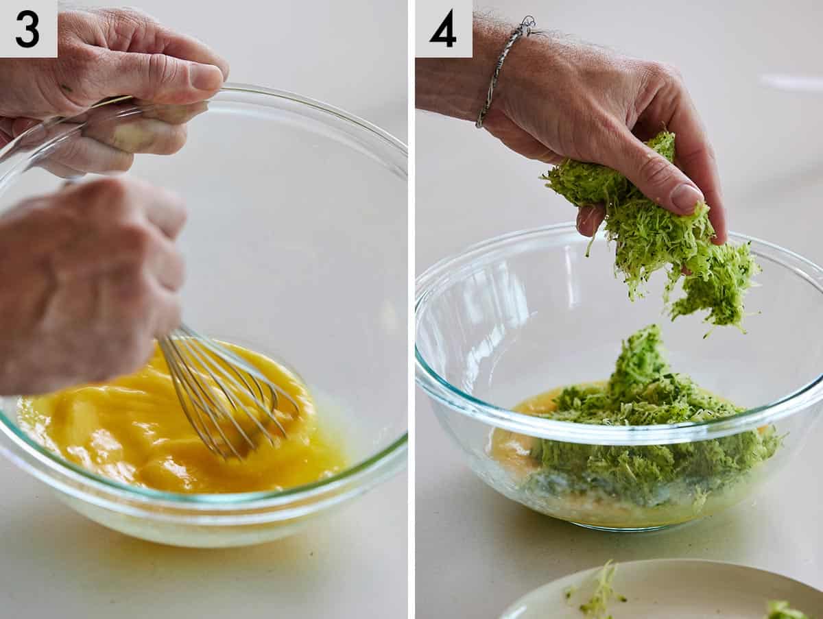 Set of two photos showing eggs being whisked then rest of the ingredients being added to the bowl.