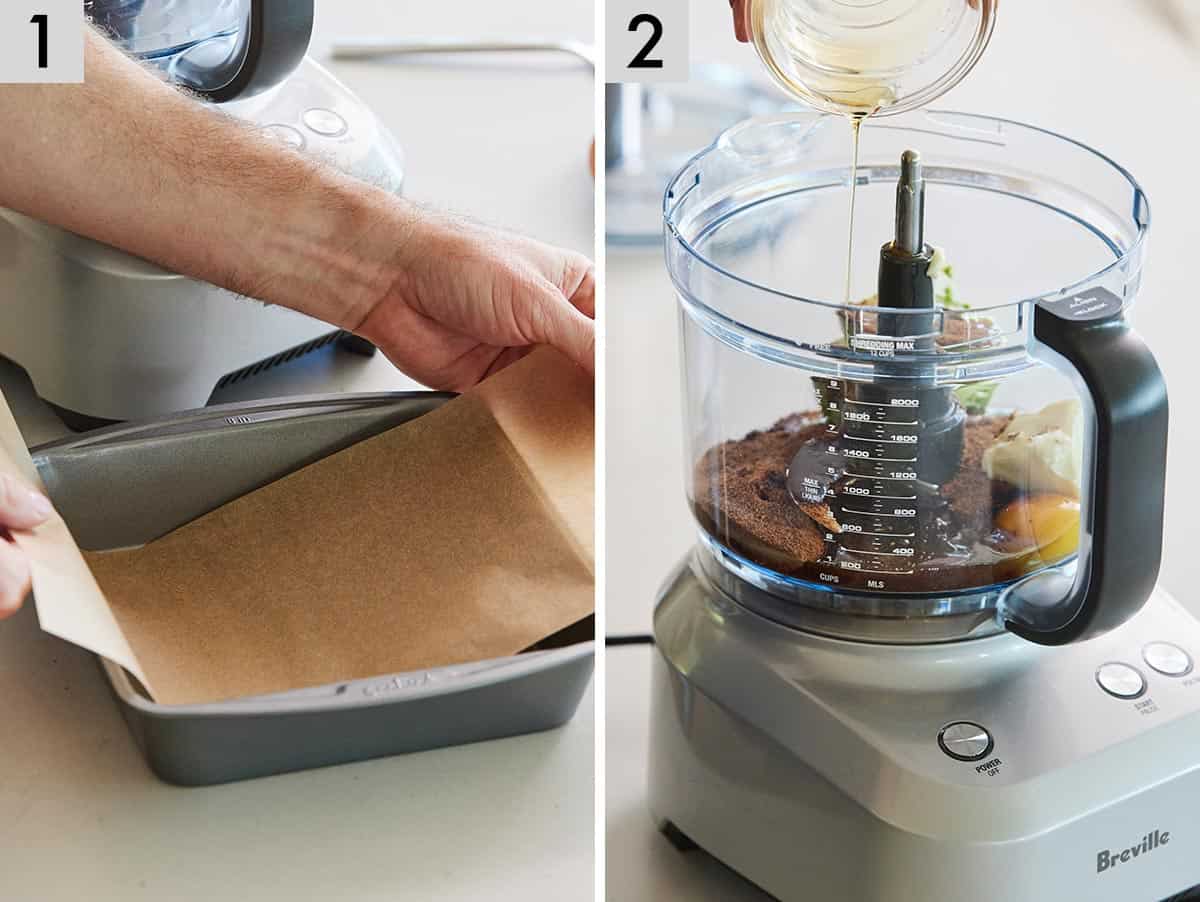 Set of two photos showing a pan being lined and ingredients added to a food processor.