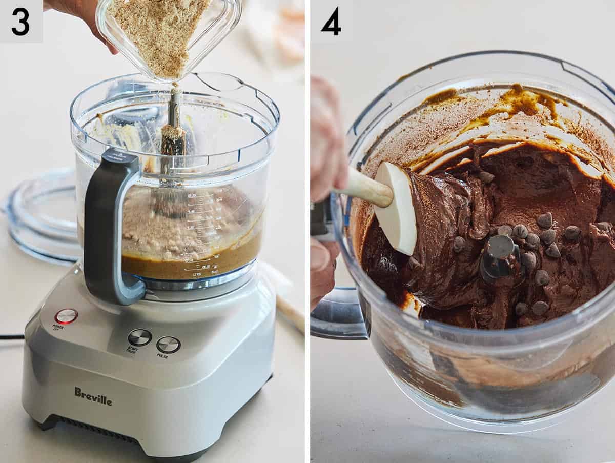 Set of two photos showing almond flour added to the food processor and then chocolate chips folded into the batter.