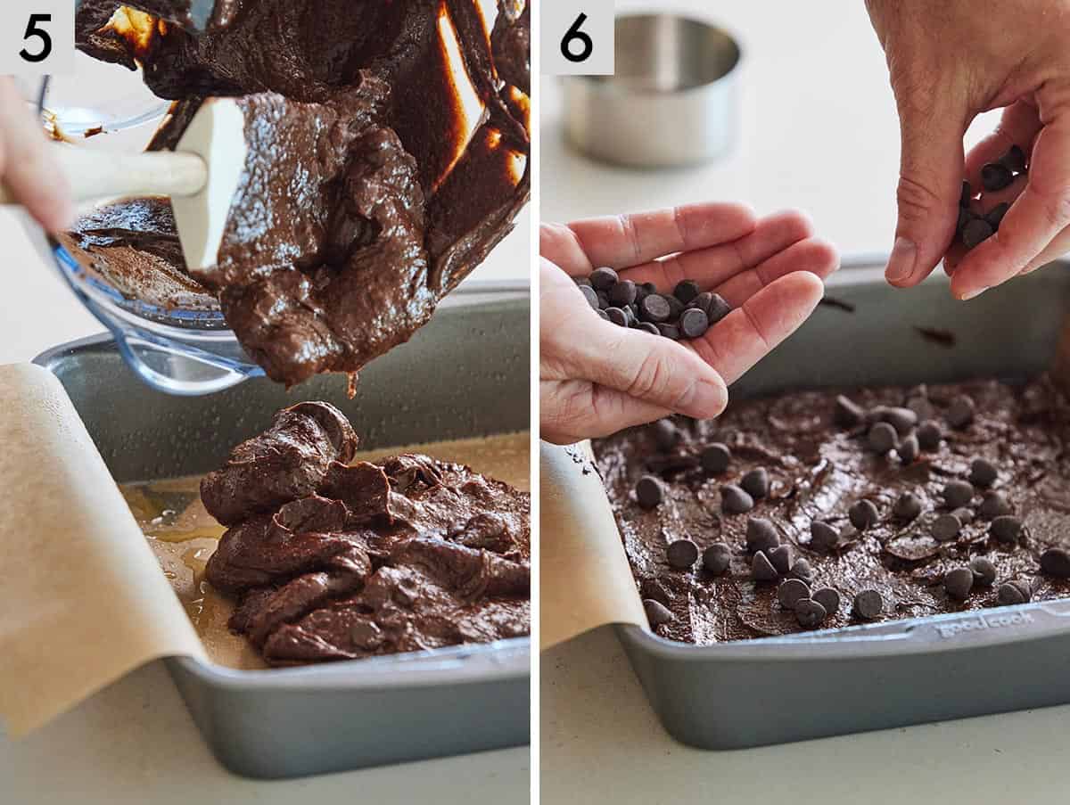Set of two photos showing batter added to the lined pan and then chocolate chips added on top.