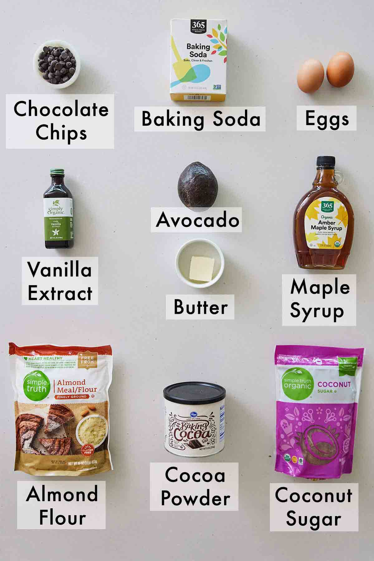 Ingredients needed to make avocado brownies.