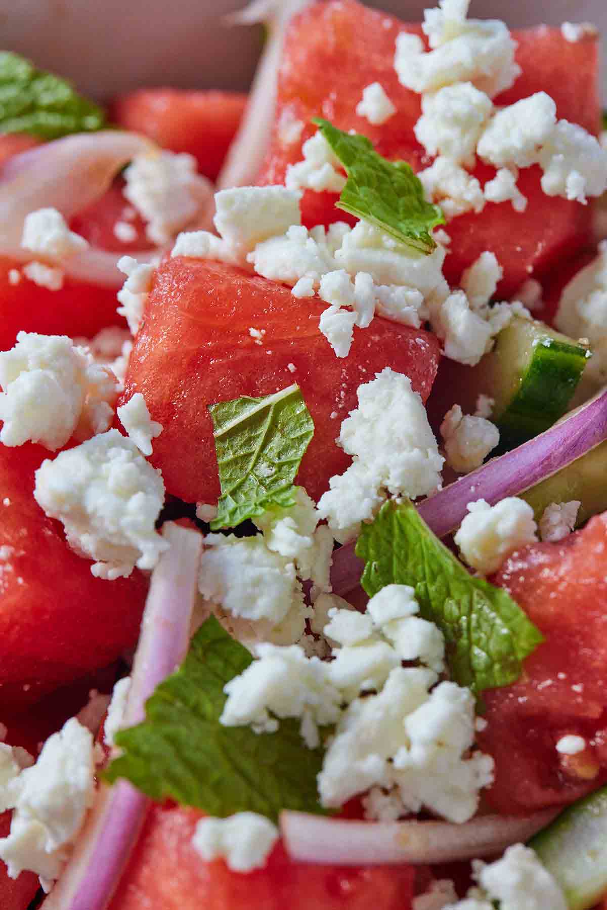 Close up of a watermelon salad with feta.