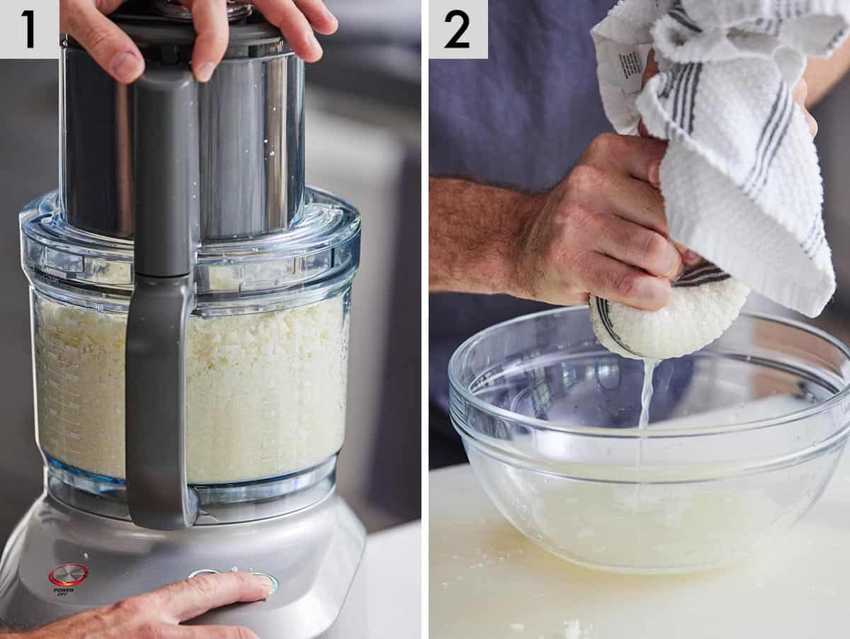 Set of two photos showing cauliflower in a food processor and then squeezed in a linen to remove excess water.