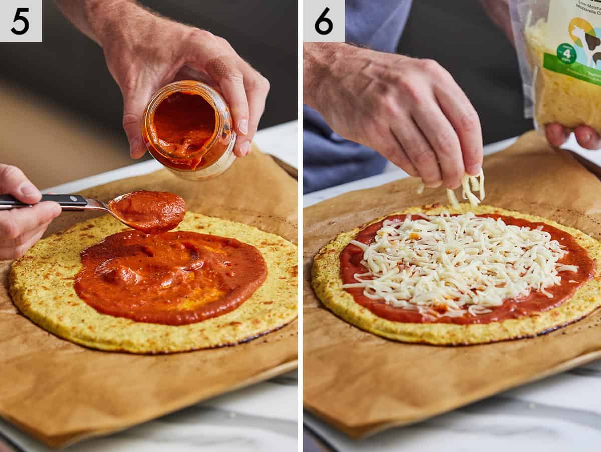 Set of two photos showing sauce spread over the baked crust and then cheese sprinkled on top.