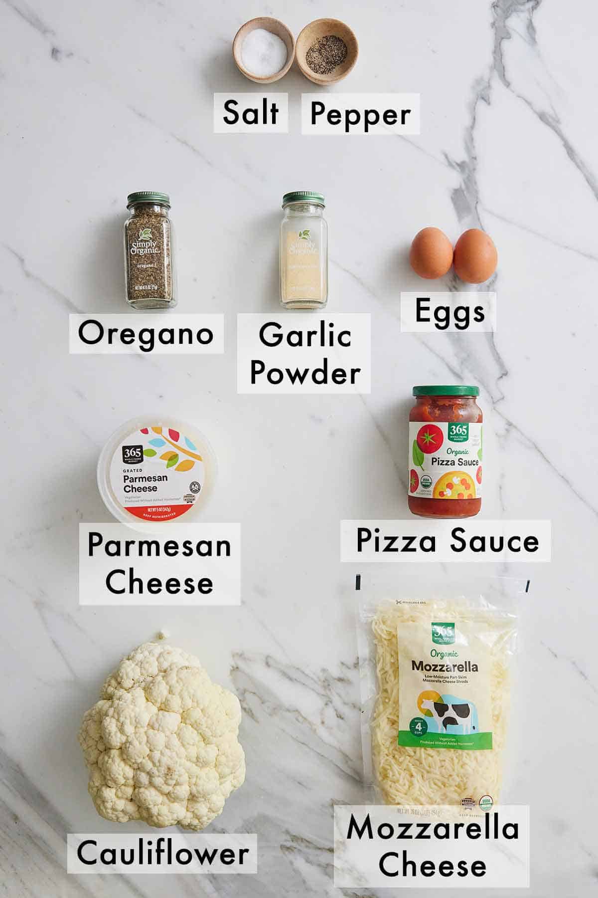 Ingredients needed to make cauliflower pizza crust.