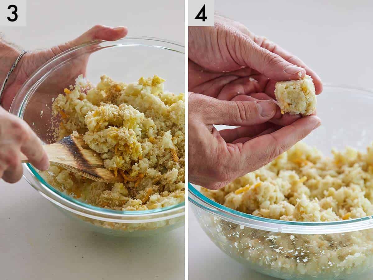 Set of two photos showing a cauliflower mixture being combined and shaped into a tot-shape.