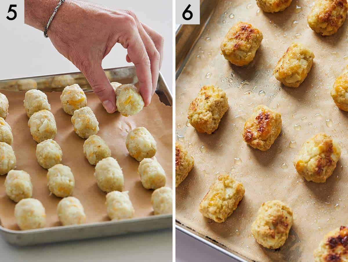 Set of two photos showing shaped tots placed on a lined sheet pan and baked.