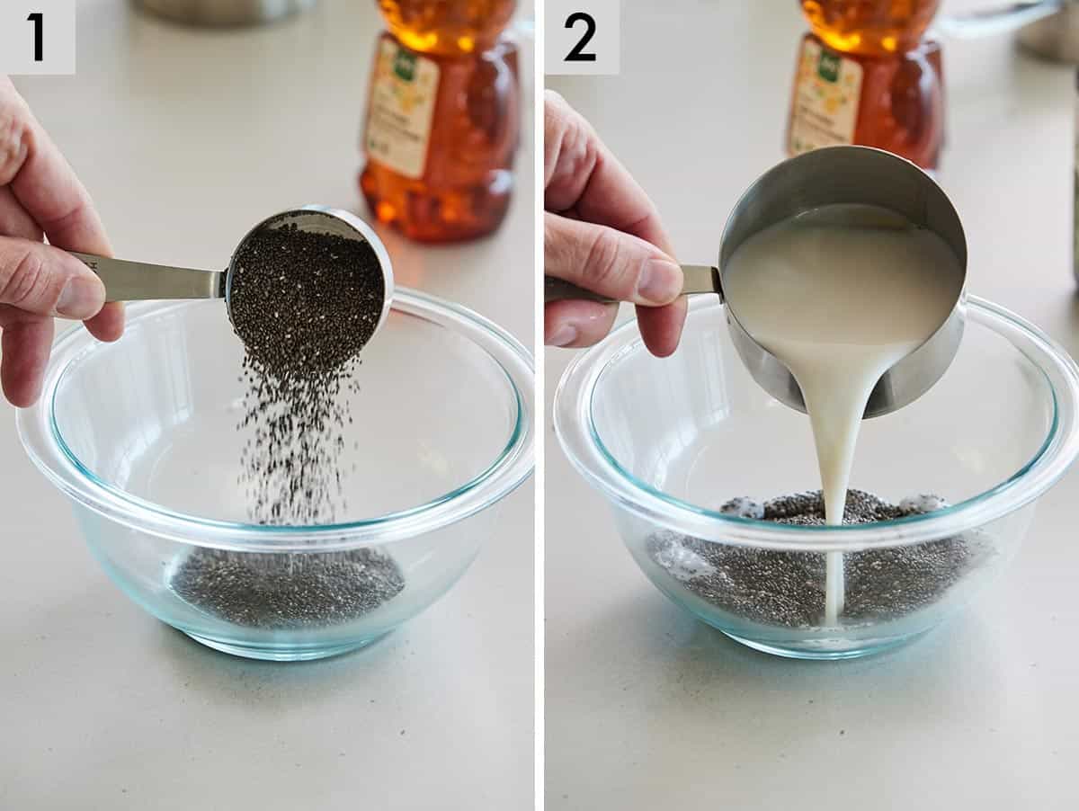 Set of two photos showing chia seeds added to a bowl and almond milk poured in after.