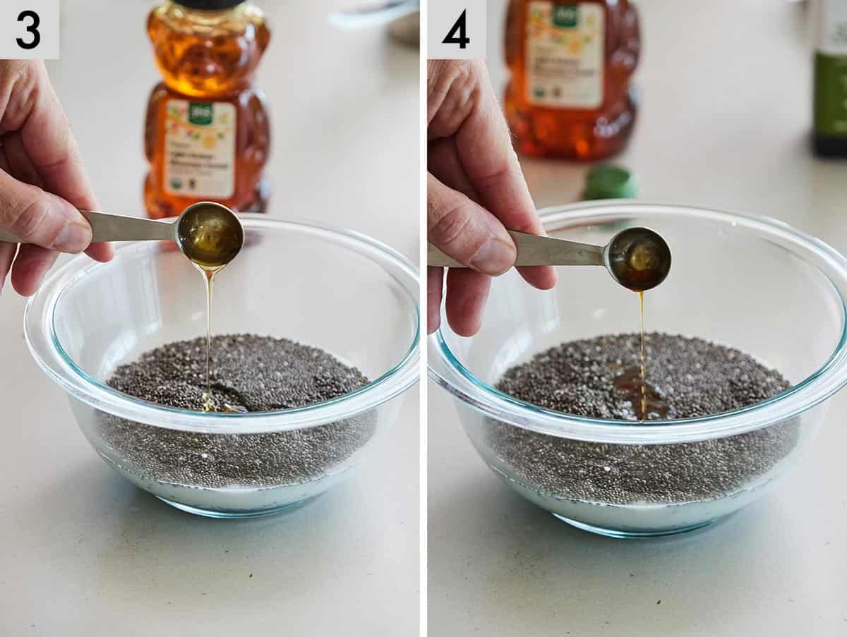 Set of two photos showing honey and then vanilla extract added to the bowl.