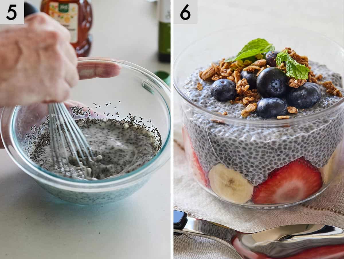 Set of two photos showing the mixture in the bowl being whisked together and then topped with fruit in a bowl once it has set.