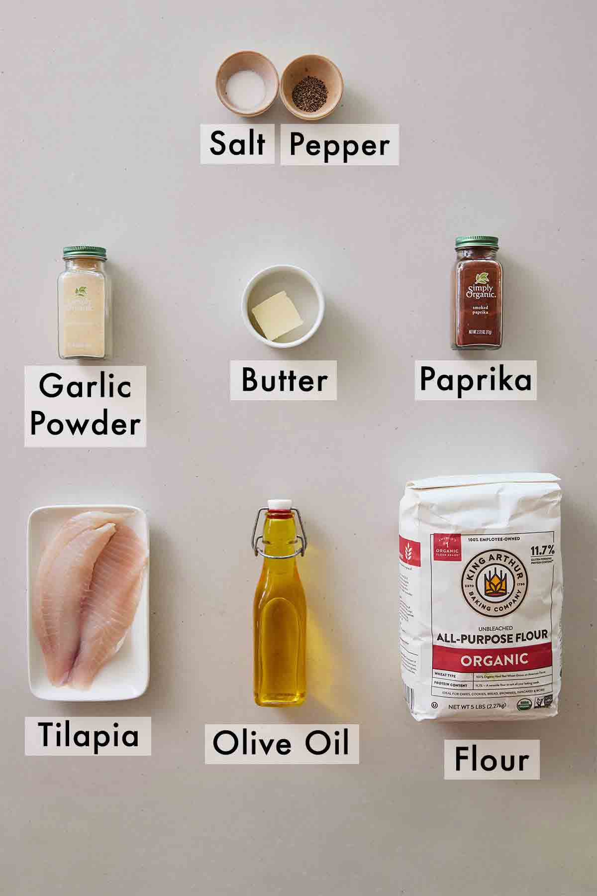 Ingredients needed to make pan fried tilapia.