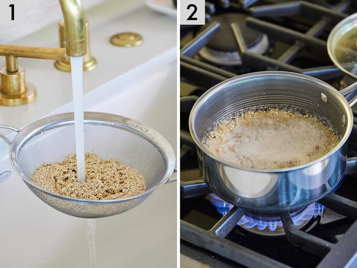 Set of two photos showing quinoa being rinsed and cooked on the stovetop.