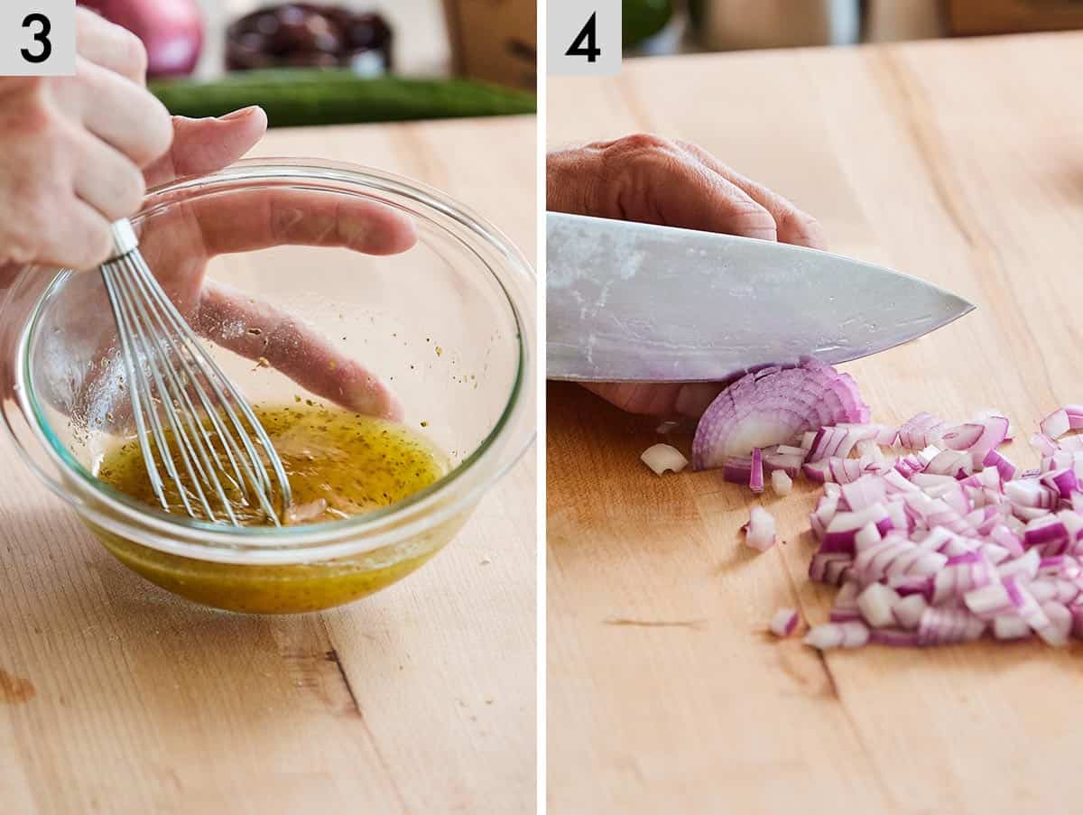Set of two photos showing dressing being whisked and onion diced.