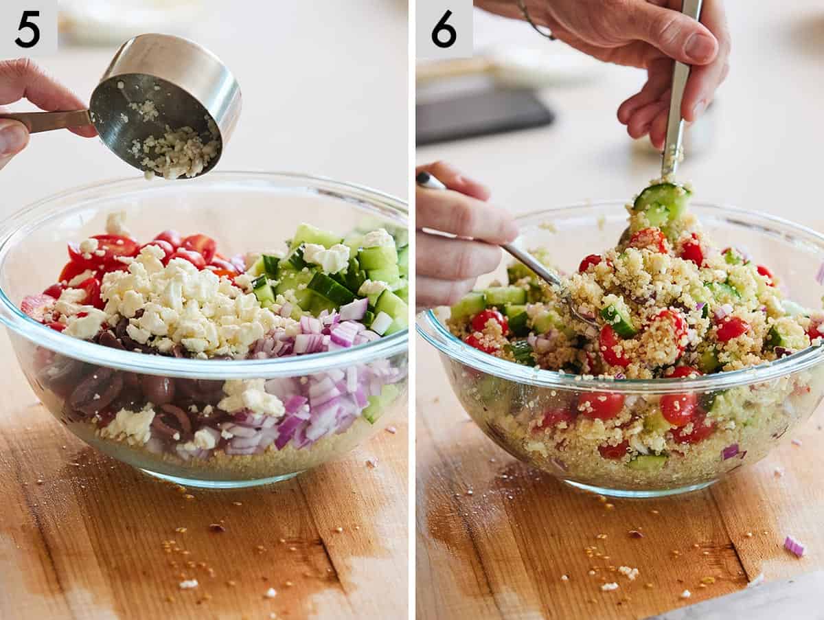 Set of two photos showing all the ingredients added to a bowl and then tossed together.