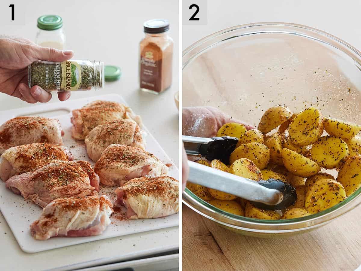 Set of two photos showing thighs with skin on, bone in, seasoned and potatoes tossed in seasoning.