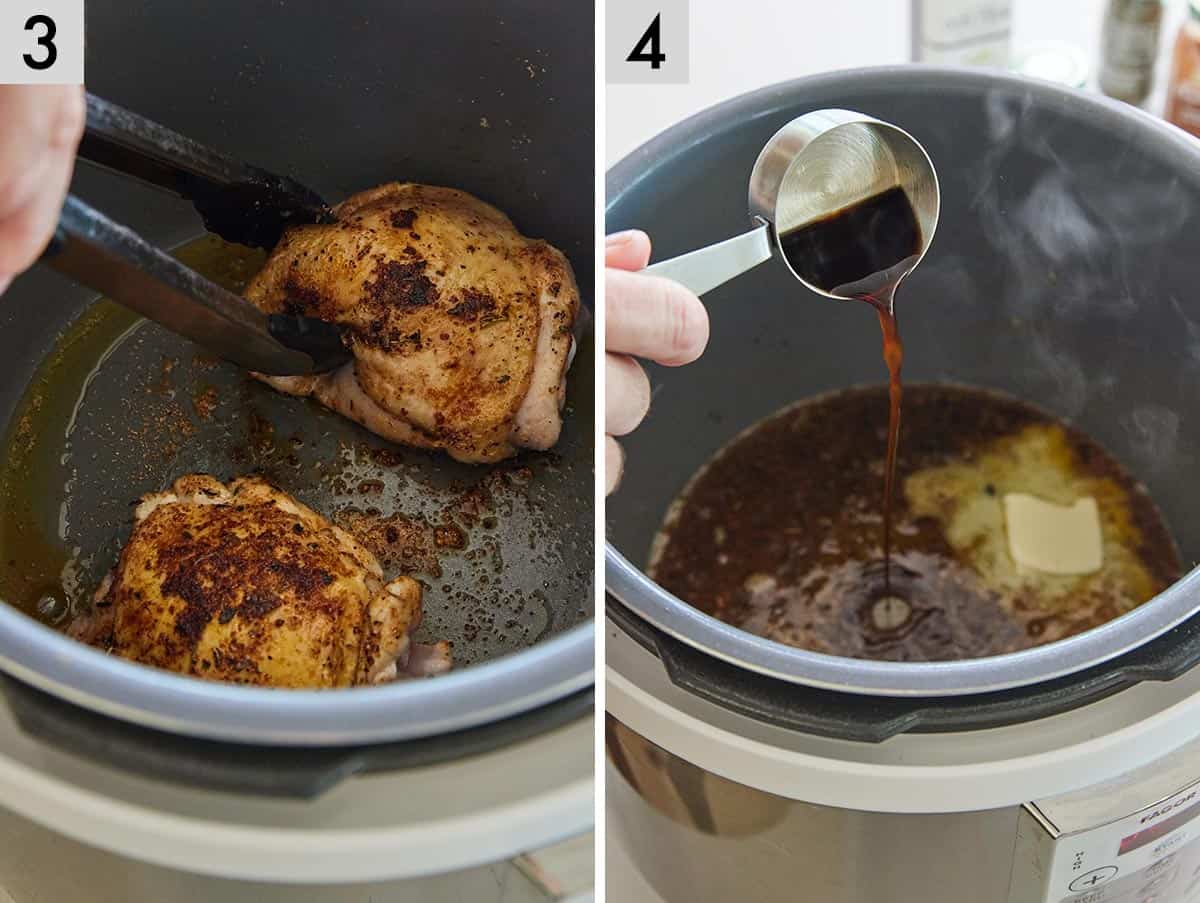 Set of two photos showing chicken thighs seared and balsamic vinegar added to the pot.