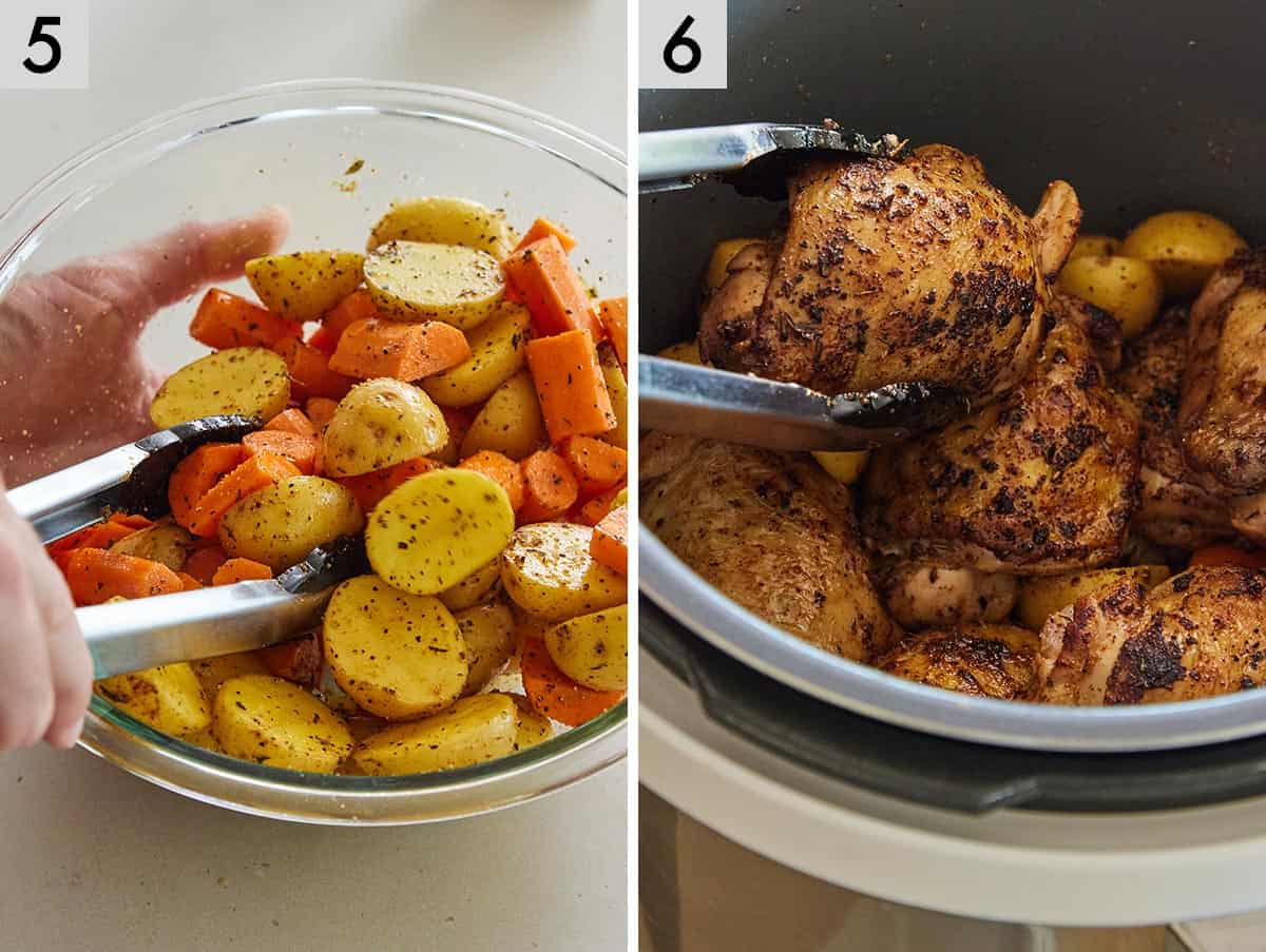 Set of two photos showing vegetables being tossed in a bowl and the thighs added to the pressure cooker.