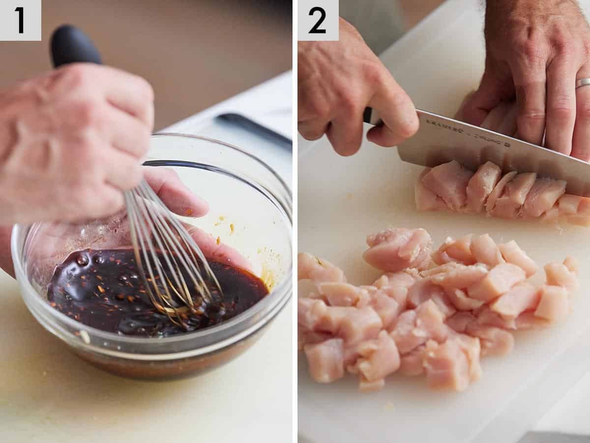 Set of two photos show sauce being whisked together and chicken being diced.
