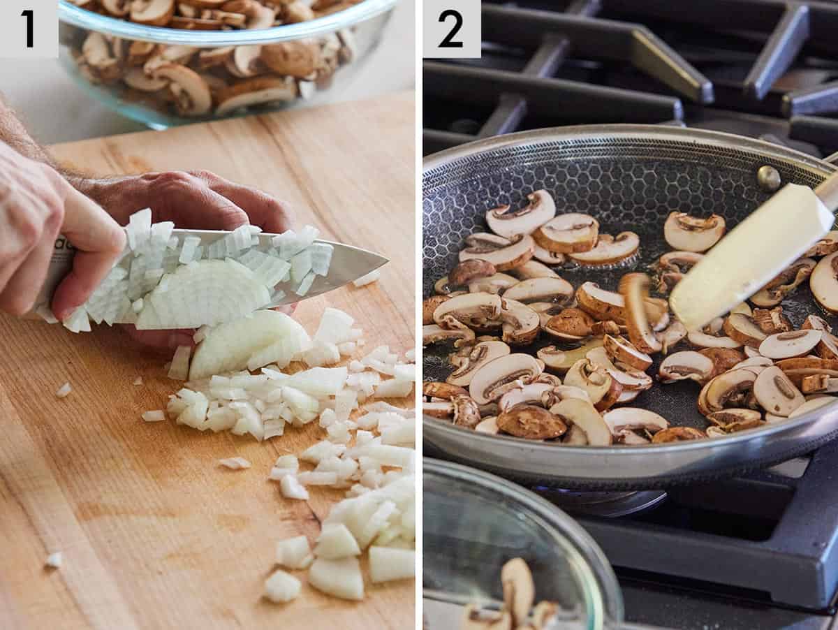 Set of two photos showing onions being diced and then sliced mushrooms added to a pan.