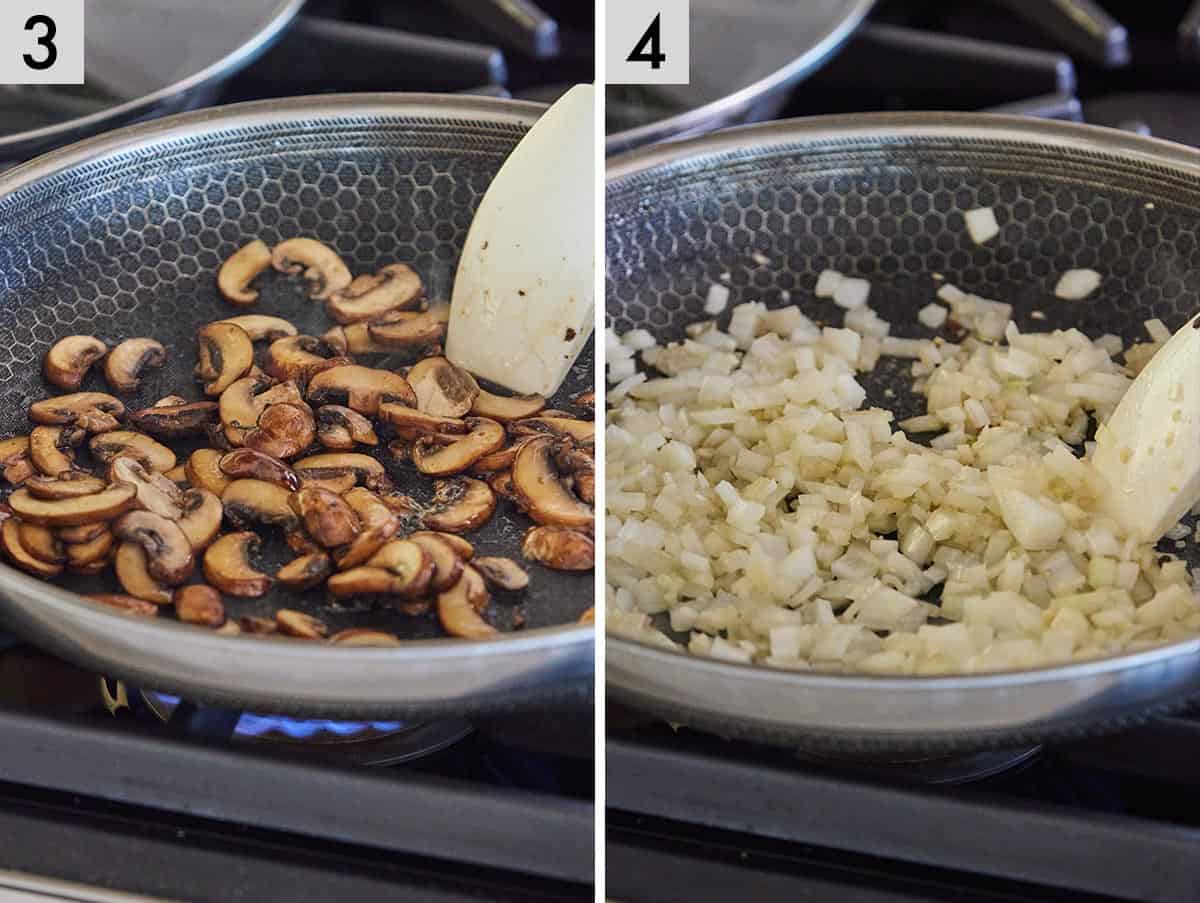 Set of two photos showing the sliced mushrooms sautéed and then diced onions sautéed.