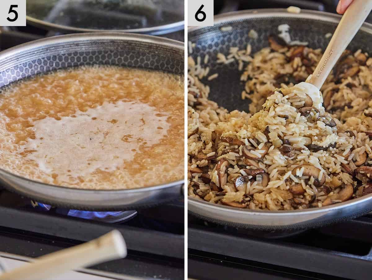 Set of two photos showing broth simmering and the mushroom rice stirred.