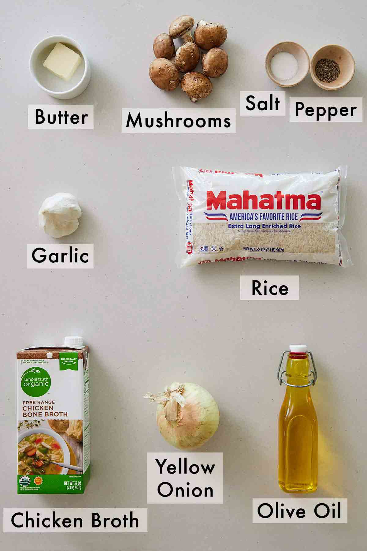Ingredients needed to make mushroom rice.