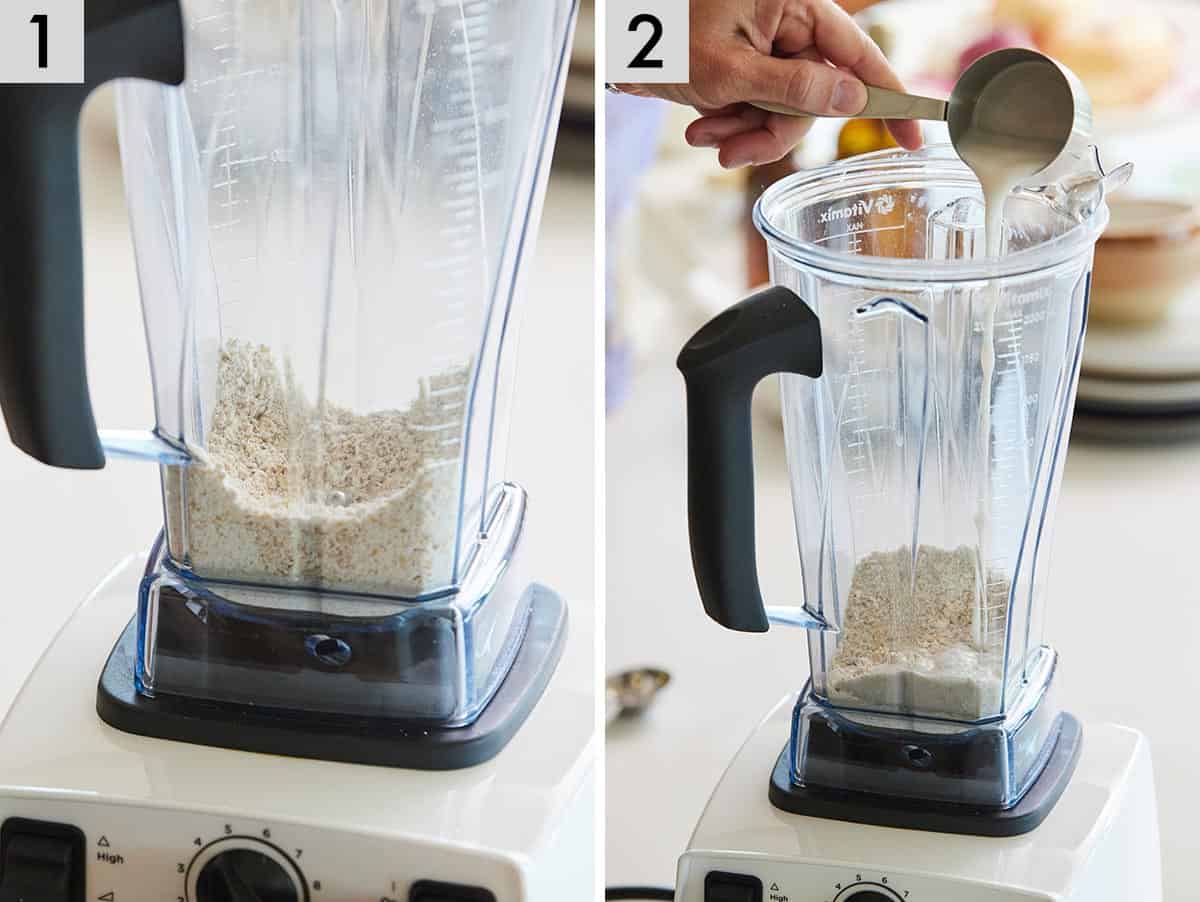Set of two photos showing oats blended in a blender before almond milk is added to it.