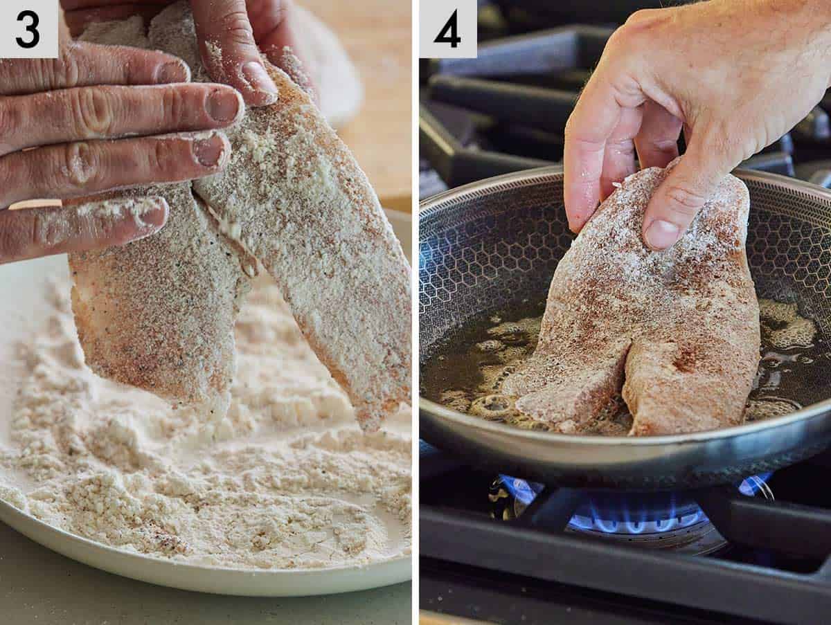 Set of two photos showing excess flour patted off the fillet and then placed into a pan of oil.